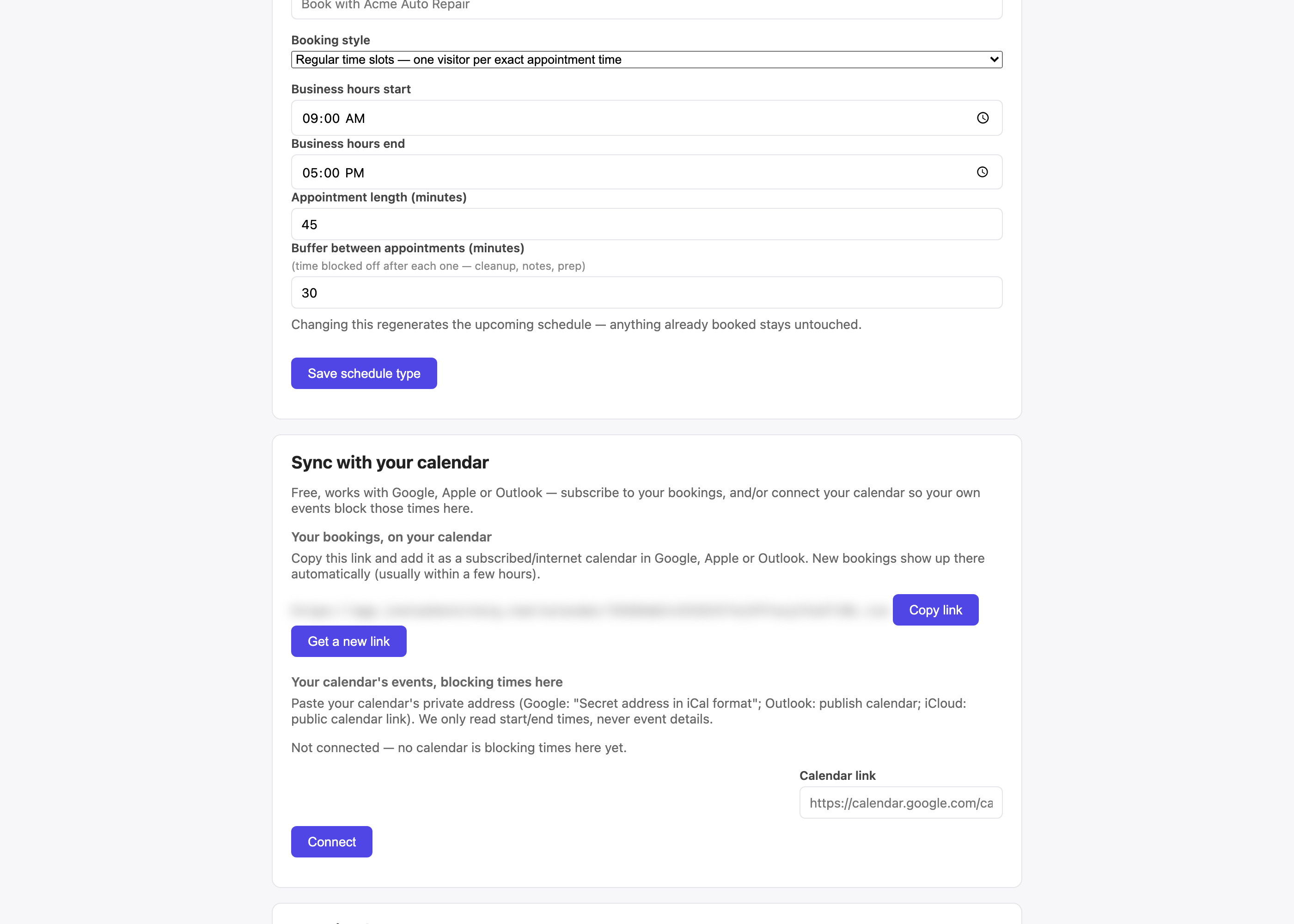 EvolveIQ booking settings showing business hours, appointment length, buffers, and two-way calendar sync with Google, Apple or Outlook