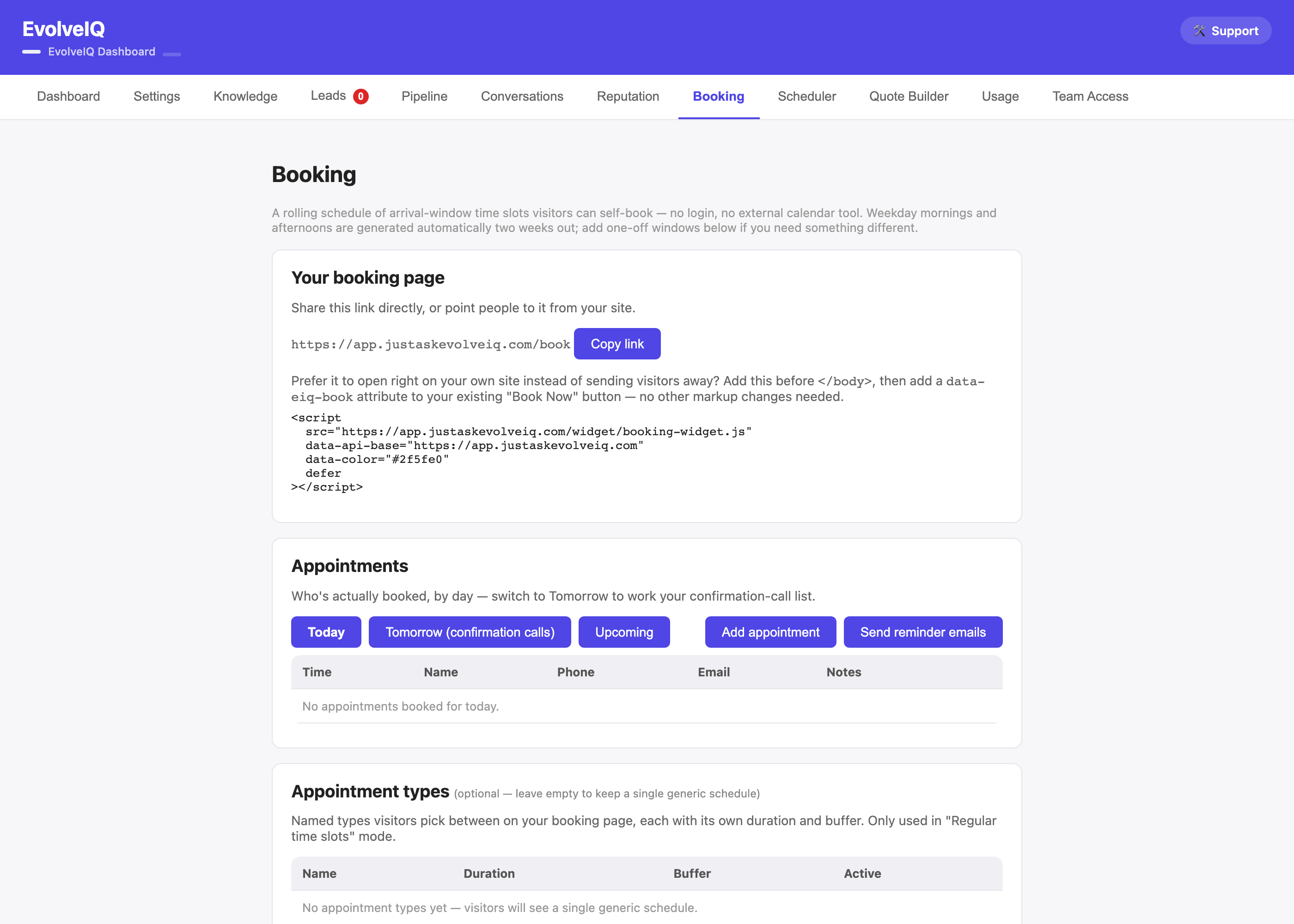 EvolveIQ booking dashboard showing the booking page link, embed snippet, and today's appointments