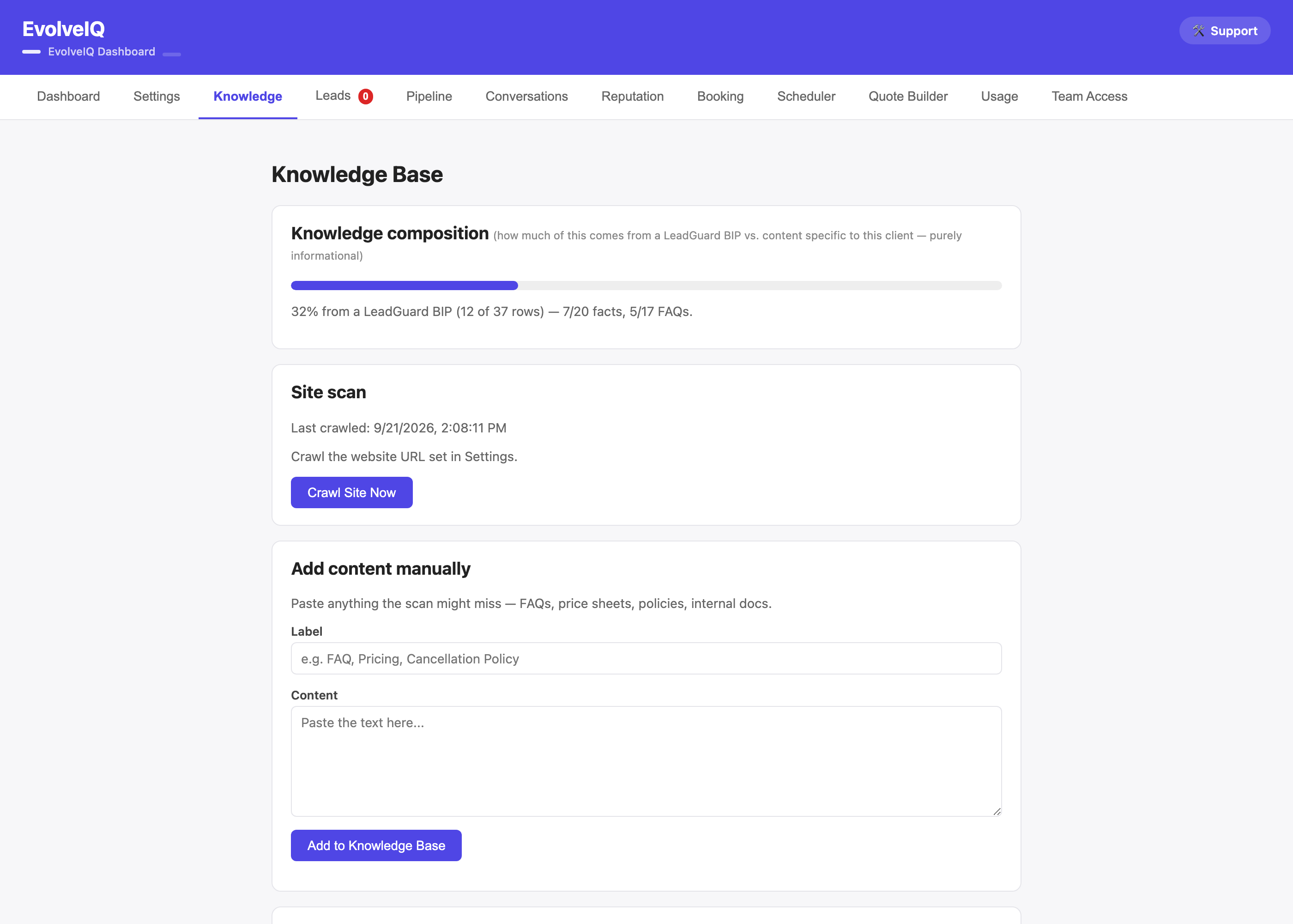 EvolveIQ knowledge base showing knowledge composition, site scan and manual content