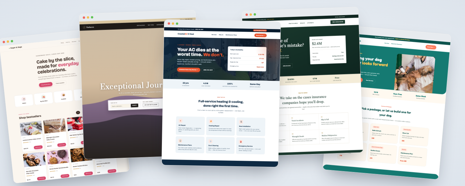 A few of the custom sites we've built — bakery, travel agency, HVAC, law firm, and pet grooming